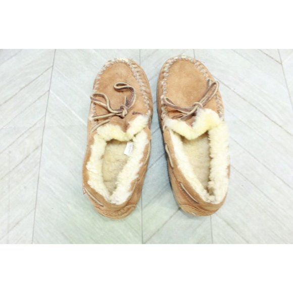LL Bean Kid's Brown Wicked Good Moccasins Suede Shearling Lined Slippers Size 1 - Picture 6 of 9